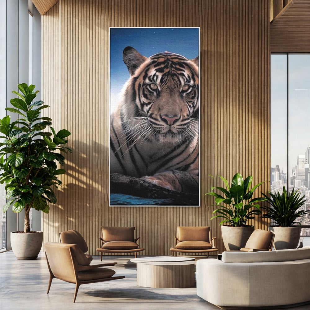 Tablou Canvas Premium, LuxCanva® M1441, Singur sub Stele, Semiluna, Noapte, Stele, Cosmic, Tigru, Felina, Misterios, Dungi, Lumina, Portret, Birou, Living, Camera Copil