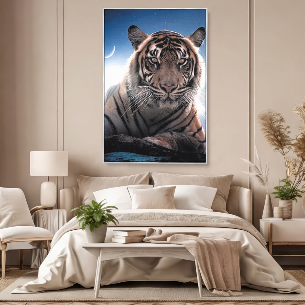 Tablou Canvas Premium, LuxCanva® M1441, Singur sub Stele, Semiluna, Noapte, Stele, Cosmic, Tigru, Felina, Misterios, Dungi, Lumina, Portret, Birou, Living, Camera Copil
