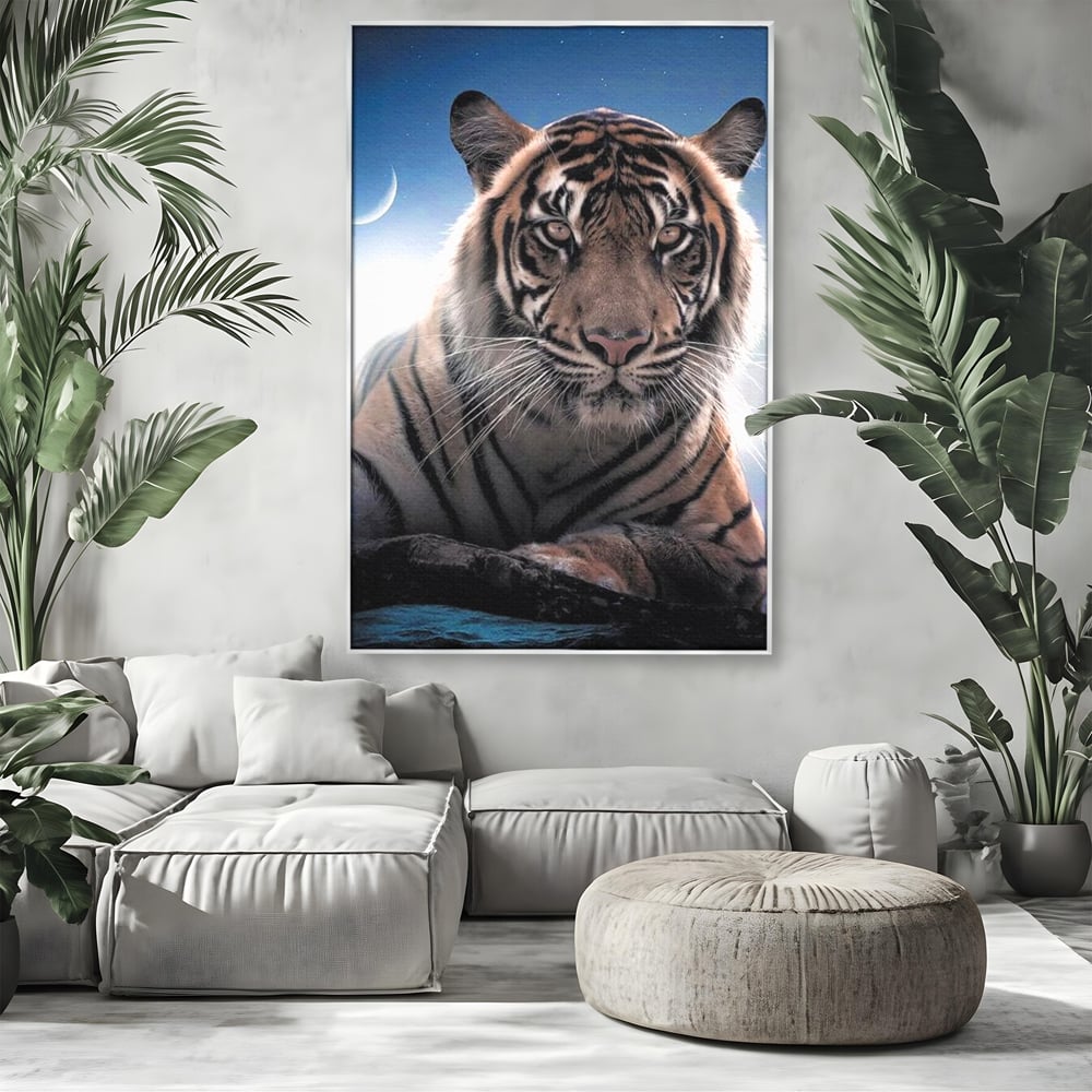 Tablou Canvas Premium, LuxCanva® M1441, Singur sub Stele, Semiluna, Noapte, Stele, Cosmic, Tigru, Felina, Misterios, Dungi, Lumina, Portret, Birou, Living, Camera Copil