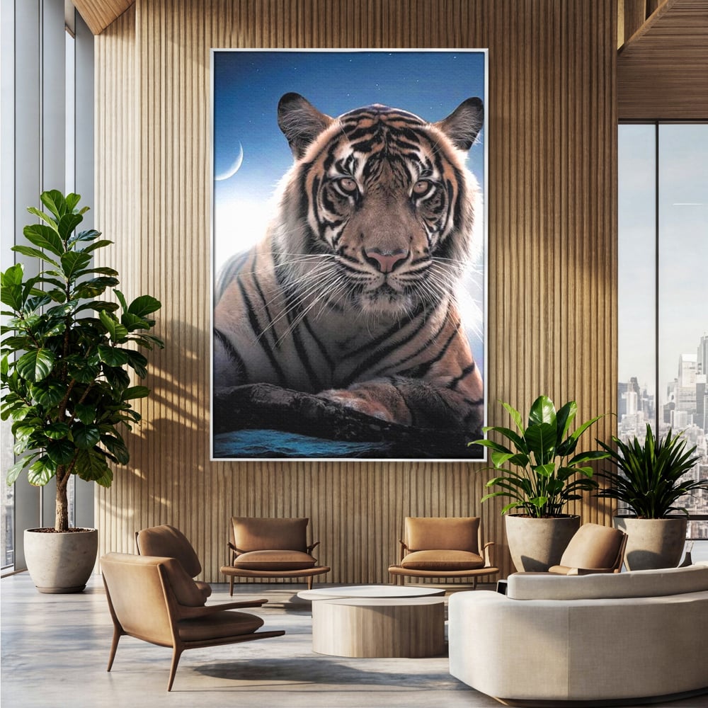 Tablou Canvas Premium, LuxCanva® M1441, Singur sub Stele, Semiluna, Noapte, Stele, Cosmic, Tigru, Felina, Misterios, Dungi, Lumina, Portret, Birou, Living, Camera Copil