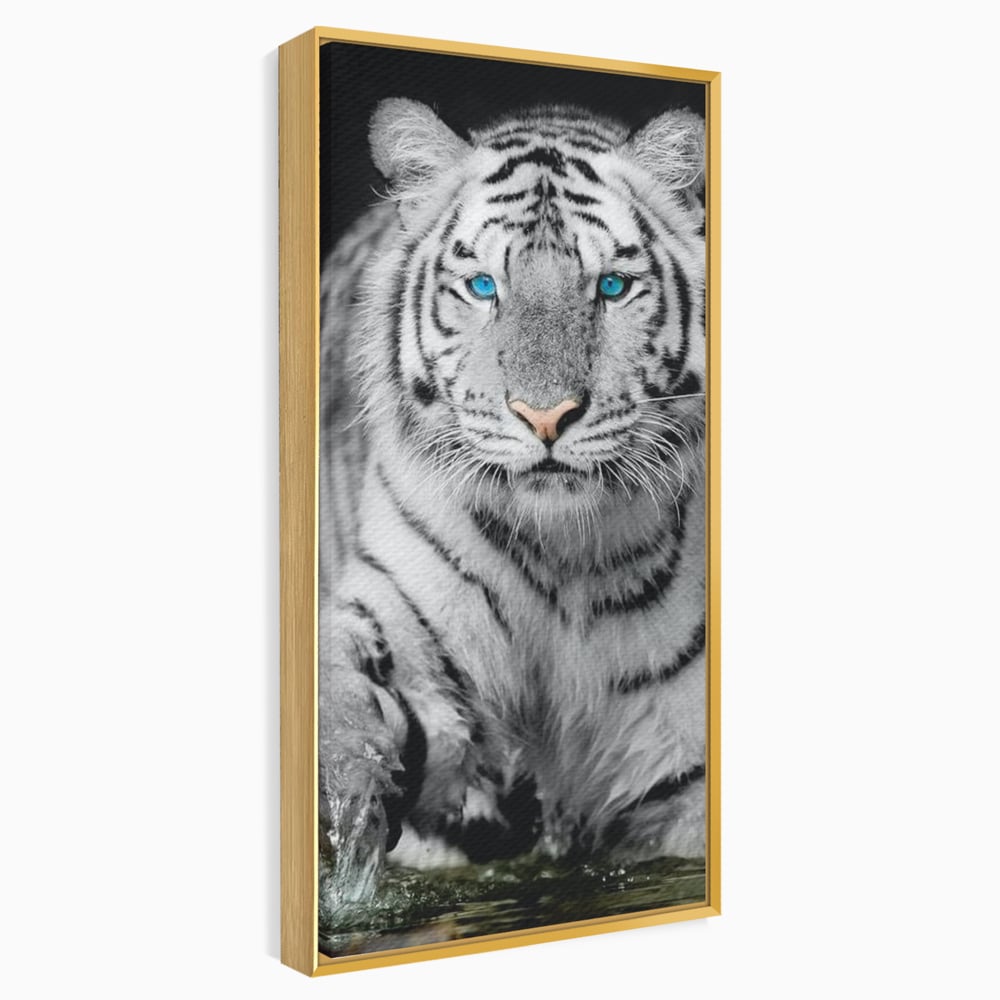 Tablou Canvas Premium, LuxCanva® M1442, Suflet Inghetat, Apa, Miscare, Tigru, Alb, Ochi, Safir, Privire, Natura, Jungla, Felina, Eleganta, Sublim, Birou, Living, Camera Copil