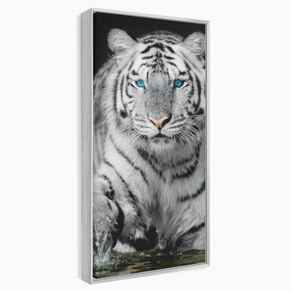 Tablou Canvas Premium, LuxCanva® M1442, Suflet Inghetat, Apa, Miscare, Tigru, Alb, Ochi, Safir, Privire, Natura, Jungla, Felina, Eleganta, Sublim, Birou, Living, Camera Copil