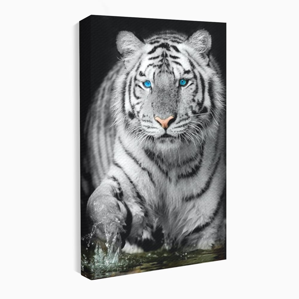 Tablou Canvas Premium, LuxCanva® M1442, Suflet Inghetat, Apa, Miscare, Tigru, Alb, Ochi, Safir, Privire, Natura, Jungla, Felina, Eleganta, Sublim, Birou, Living, Camera Copil