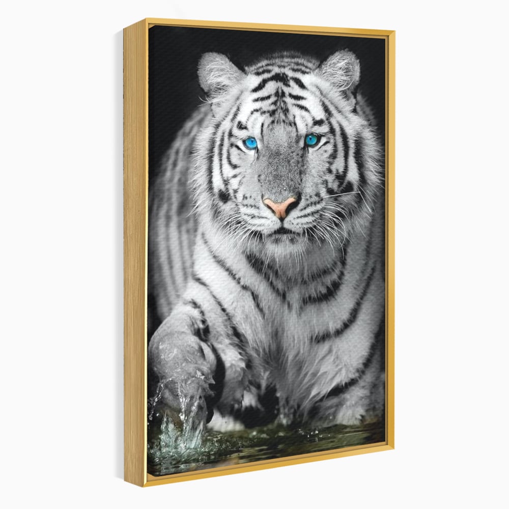 Tablou Canvas Premium, LuxCanva® M1442, Suflet Inghetat, Apa, Miscare, Tigru, Alb, Ochi, Safir, Privire, Natura, Jungla, Felina, Eleganta, Sublim, Birou, Living, Camera Copil