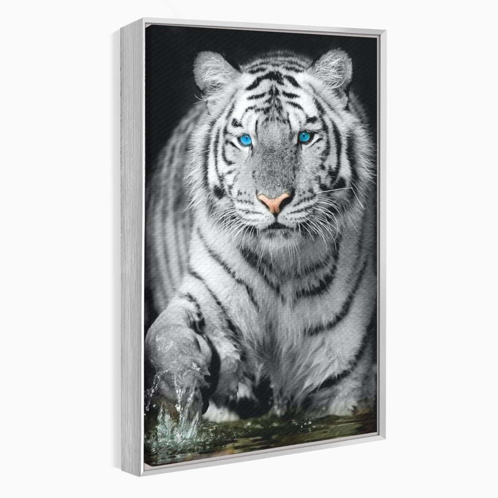 Tablou Canvas Premium, LuxCanva® M1442, Suflet Inghetat, Apa, Miscare, Tigru, Alb, Ochi, Safir, Privire, Natura, Jungla, Felina, Eleganta, Sublim, Birou, Living, Camera Copil