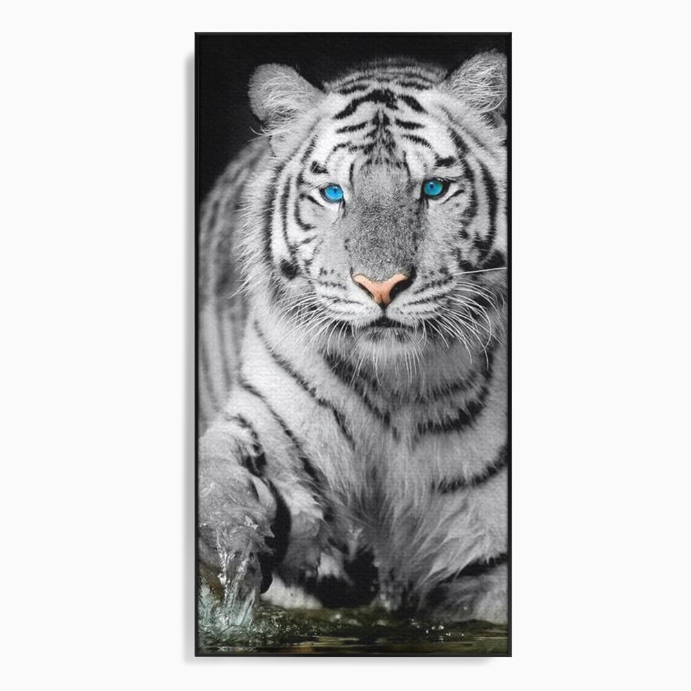 Tablou Canvas Premium, LuxCanva® M1442, Suflet Inghetat, Apa, Miscare, Tigru, Alb, Ochi, Safir, Privire, Natura, Jungla, Felina, Eleganta, Sublim, Birou, Living, Camera Copil