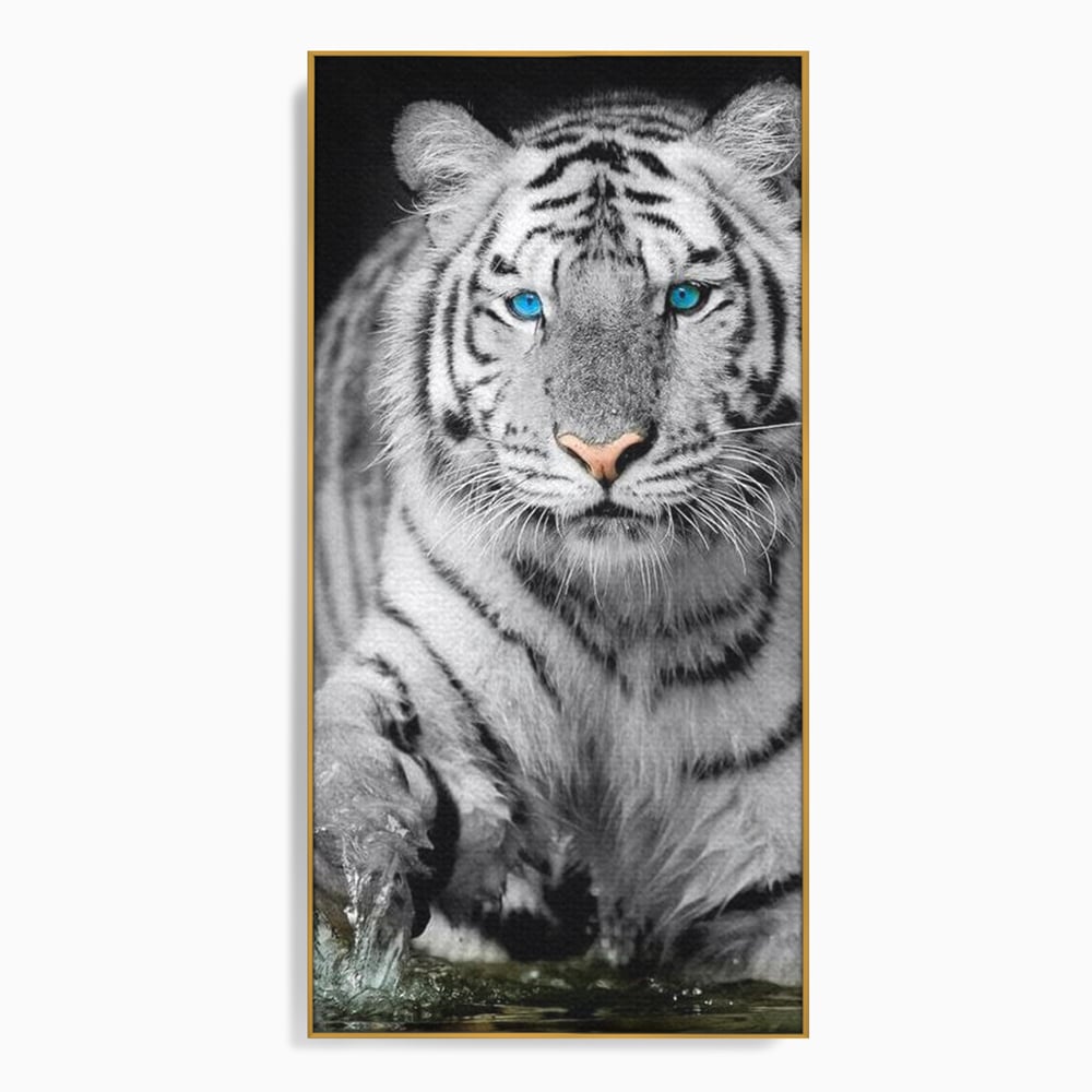 Tablou Canvas Premium, LuxCanva® M1442, Suflet Inghetat, Apa, Miscare, Tigru, Alb, Ochi, Safir, Privire, Natura, Jungla, Felina, Eleganta, Sublim, Birou, Living, Camera Copil