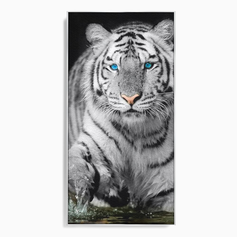 Tablou Canvas Premium, LuxCanva® M1442, Suflet Inghetat, Apa, Miscare, Tigru, Alb, Ochi, Safir, Privire, Natura, Jungla, Felina, Eleganta, Sublim, Birou, Living, Camera Copil