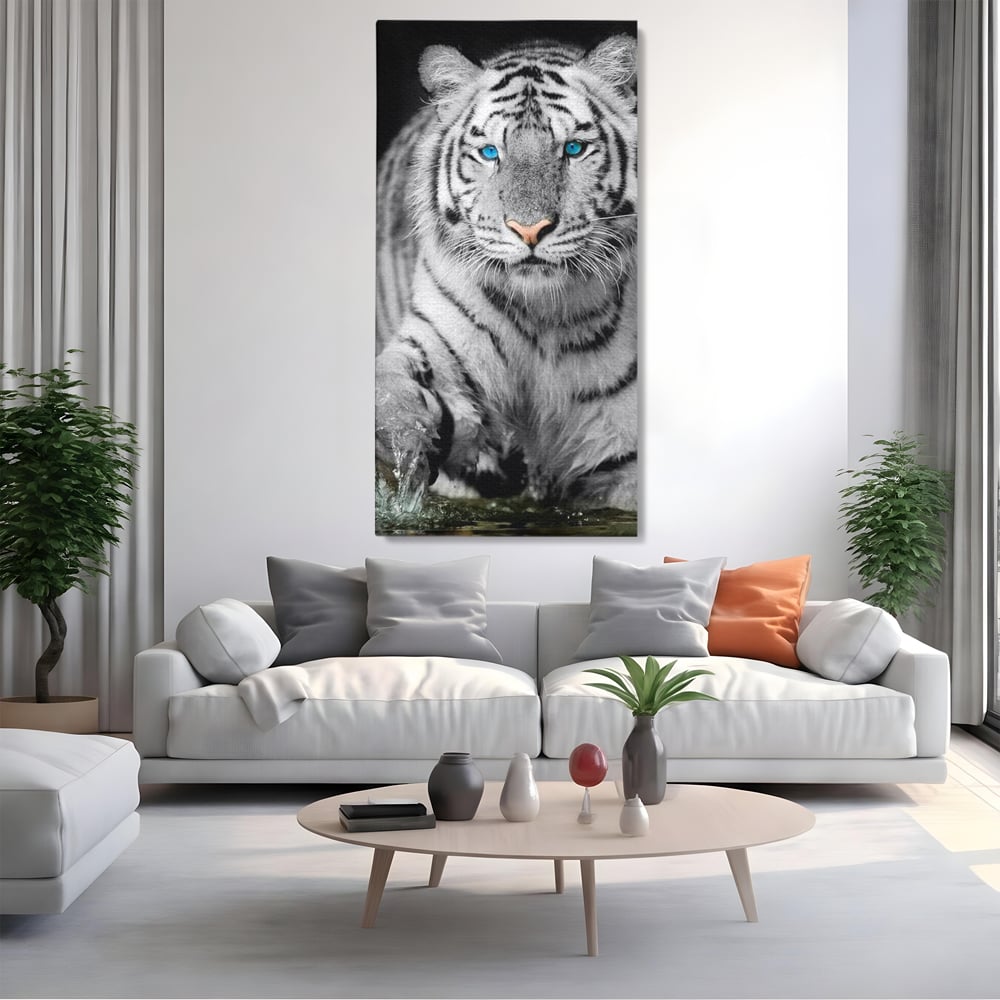Tablou Canvas Premium, LuxCanva® M1442, Suflet Inghetat, Apa, Miscare, Tigru, Alb, Ochi, Safir, Privire, Natura, Jungla, Felina, Eleganta, Sublim, Birou, Living, Camera Copil