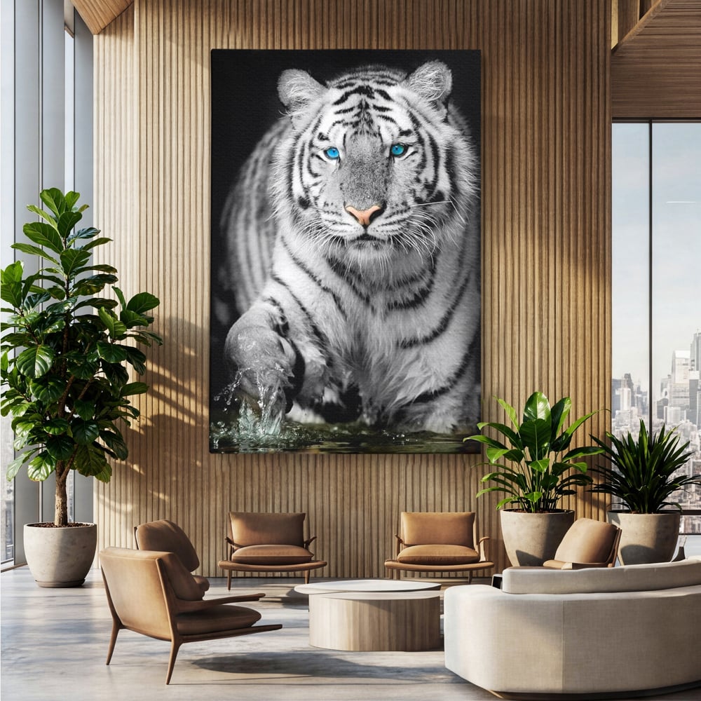 Tablou Canvas Premium, LuxCanva® M1442, Suflet Inghetat, Apa, Miscare, Tigru, Alb, Ochi, Safir, Privire, Natura, Jungla, Felina, Eleganta, Sublim, Birou, Living, Camera Copil