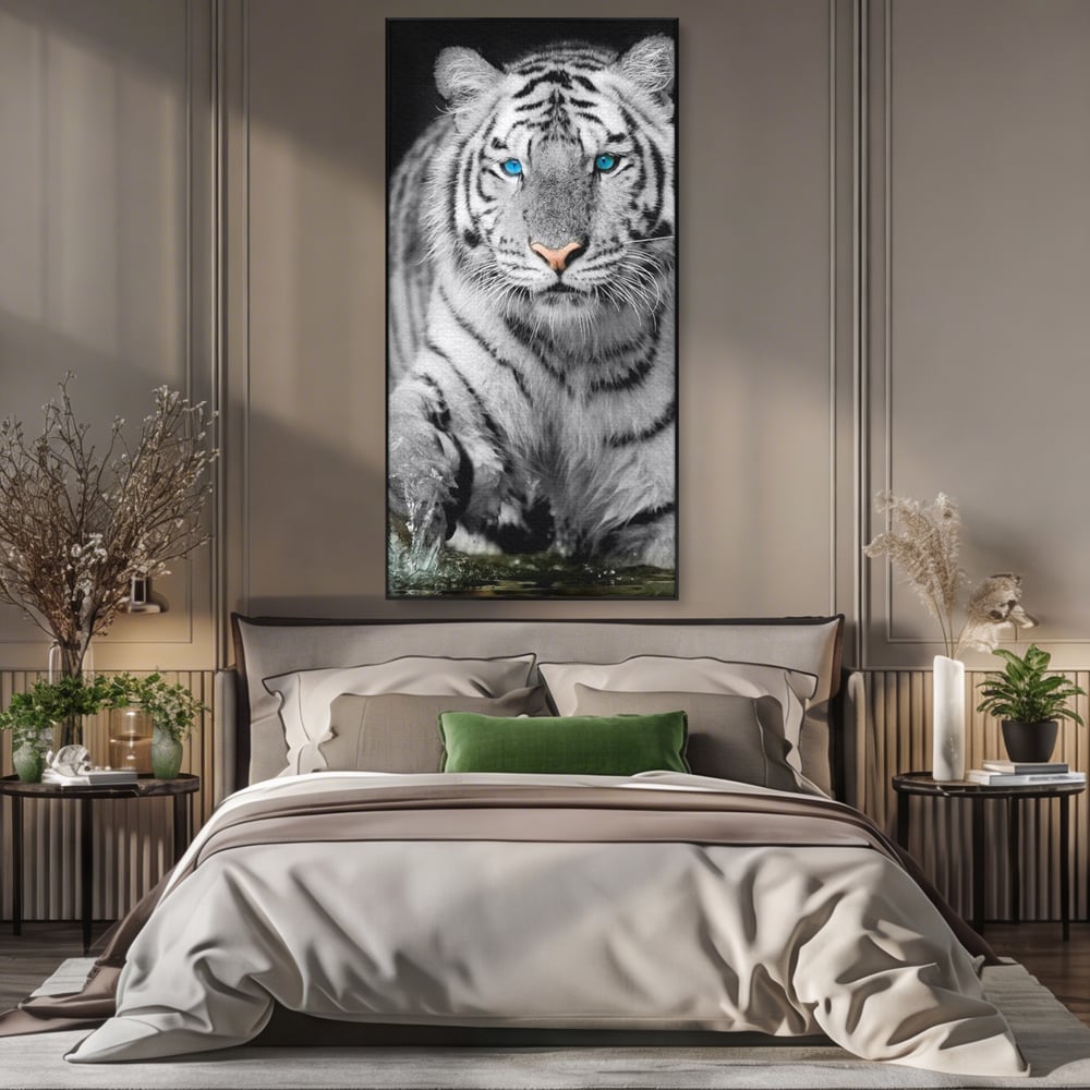 Tablou Canvas Premium, LuxCanva® M1442, Suflet Inghetat, Apa, Miscare, Tigru, Alb, Ochi, Safir, Privire, Natura, Jungla, Felina, Eleganta, Sublim, Birou, Living, Camera Copil