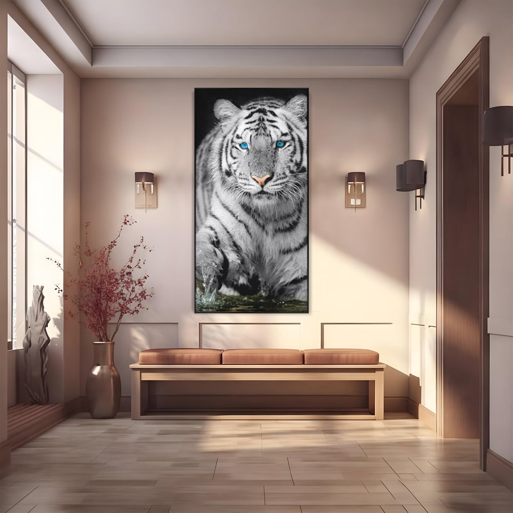 Tablou Canvas Premium, LuxCanva® M1442, Suflet Inghetat, Apa, Miscare, Tigru, Alb, Ochi, Safir, Privire, Natura, Jungla, Felina, Eleganta, Sublim, Birou, Living, Camera Copil