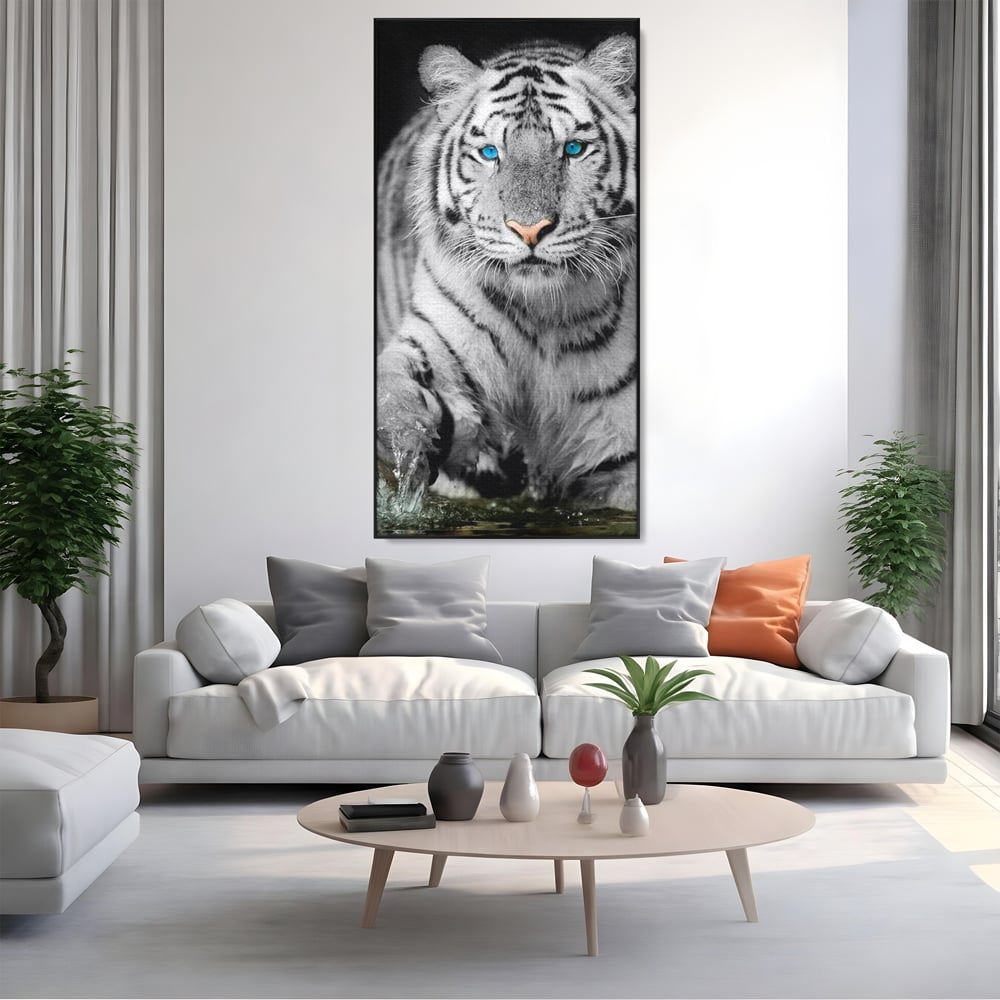 Tablou Canvas Premium, LuxCanva® M1442, Suflet Inghetat, Apa, Miscare, Tigru, Alb, Ochi, Safir, Privire, Natura, Jungla, Felina, Eleganta, Sublim, Birou, Living, Camera Copil