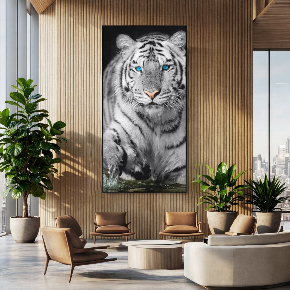 Tablou Canvas Premium, LuxCanva® M1442, Suflet Inghetat, Apa, Miscare, Tigru, Alb, Ochi, Safir, Privire, Natura, Jungla, Felina, Eleganta, Sublim, Birou, Living, Camera Copil