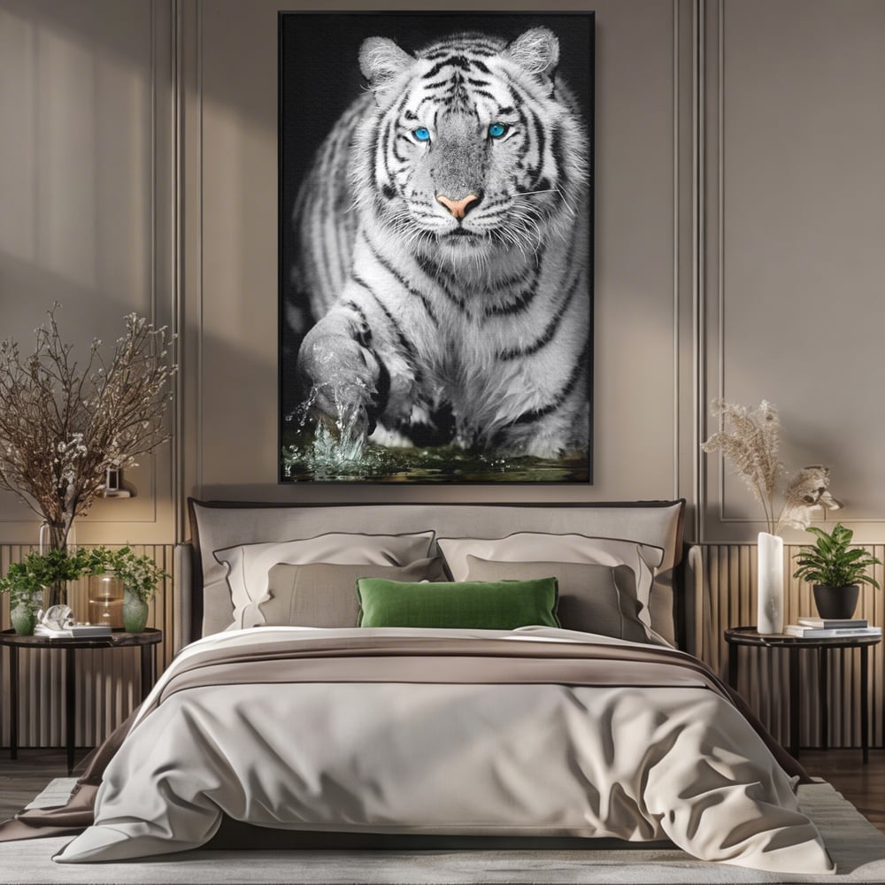 Tablou Canvas Premium, LuxCanva® M1442, Suflet Inghetat, Apa, Miscare, Tigru, Alb, Ochi, Safir, Privire, Natura, Jungla, Felina, Eleganta, Sublim, Birou, Living, Camera Copil