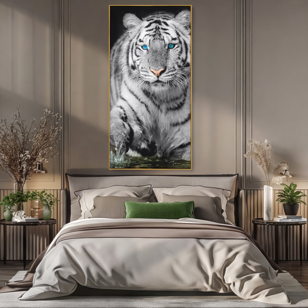 Tablou Canvas Premium, LuxCanva® M1442, Suflet Inghetat, Apa, Miscare, Tigru, Alb, Ochi, Safir, Privire, Natura, Jungla, Felina, Eleganta, Sublim, Birou, Living, Camera Copil