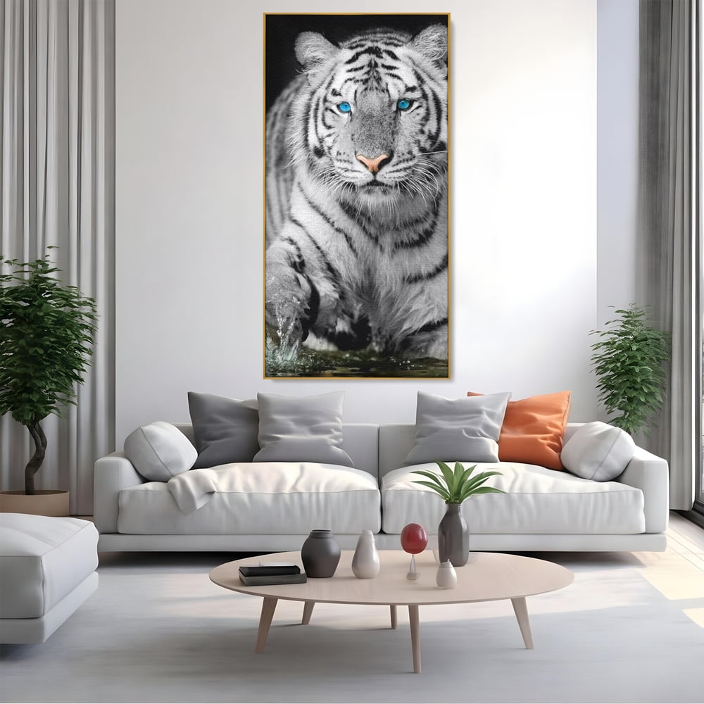 Tablou Canvas Premium, LuxCanva® M1442, Suflet Inghetat, Apa, Miscare, Tigru, Alb, Ochi, Safir, Privire, Natura, Jungla, Felina, Eleganta, Sublim, Birou, Living, Camera Copil