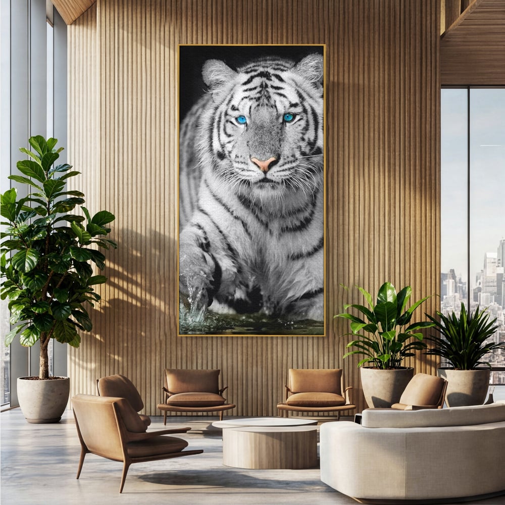 Tablou Canvas Premium, LuxCanva® M1442, Suflet Inghetat, Apa, Miscare, Tigru, Alb, Ochi, Safir, Privire, Natura, Jungla, Felina, Eleganta, Sublim, Birou, Living, Camera Copil