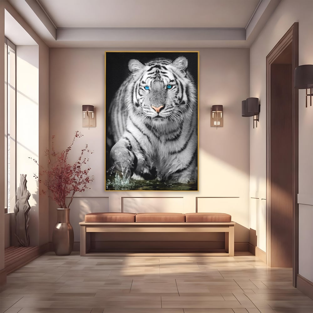 Tablou Canvas Premium, LuxCanva® M1442, Suflet Inghetat, Apa, Miscare, Tigru, Alb, Ochi, Safir, Privire, Natura, Jungla, Felina, Eleganta, Sublim, Birou, Living, Camera Copil