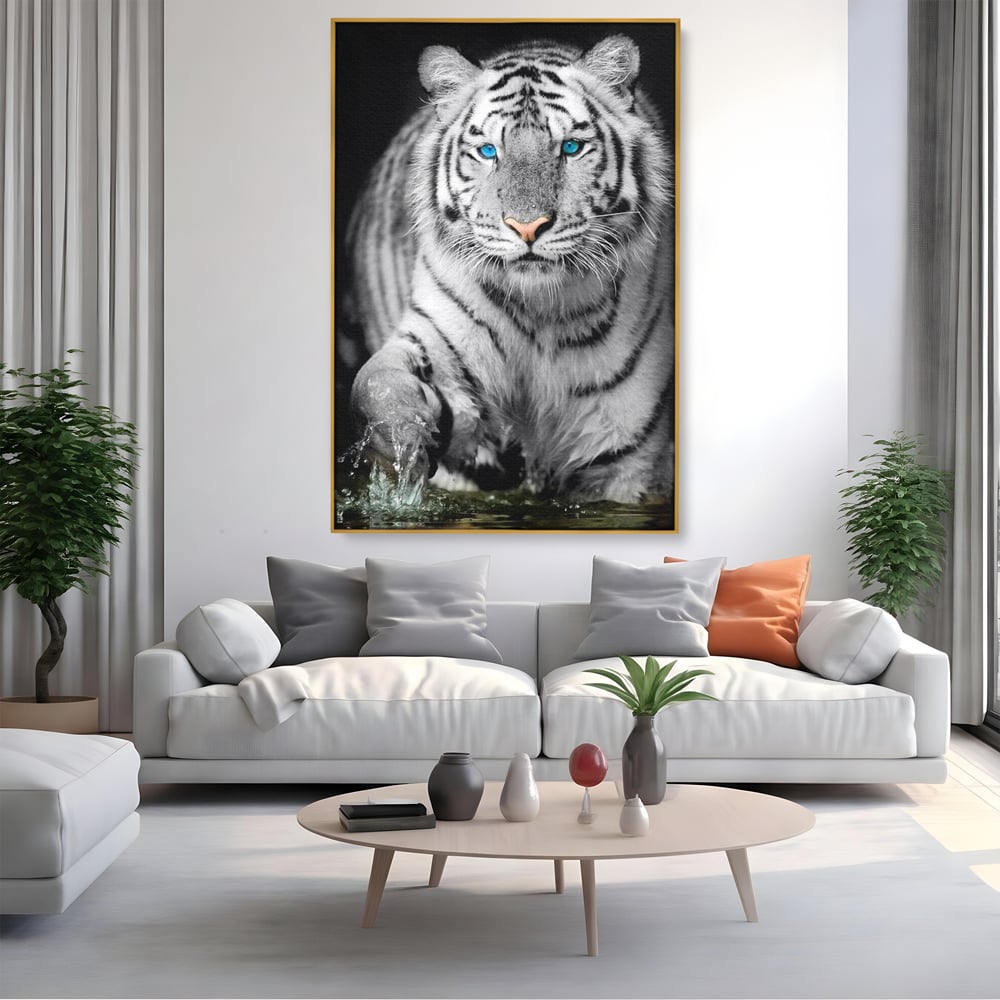 Tablou Canvas Premium, LuxCanva® M1442, Suflet Inghetat, Apa, Miscare, Tigru, Alb, Ochi, Safir, Privire, Natura, Jungla, Felina, Eleganta, Sublim, Birou, Living, Camera Copil