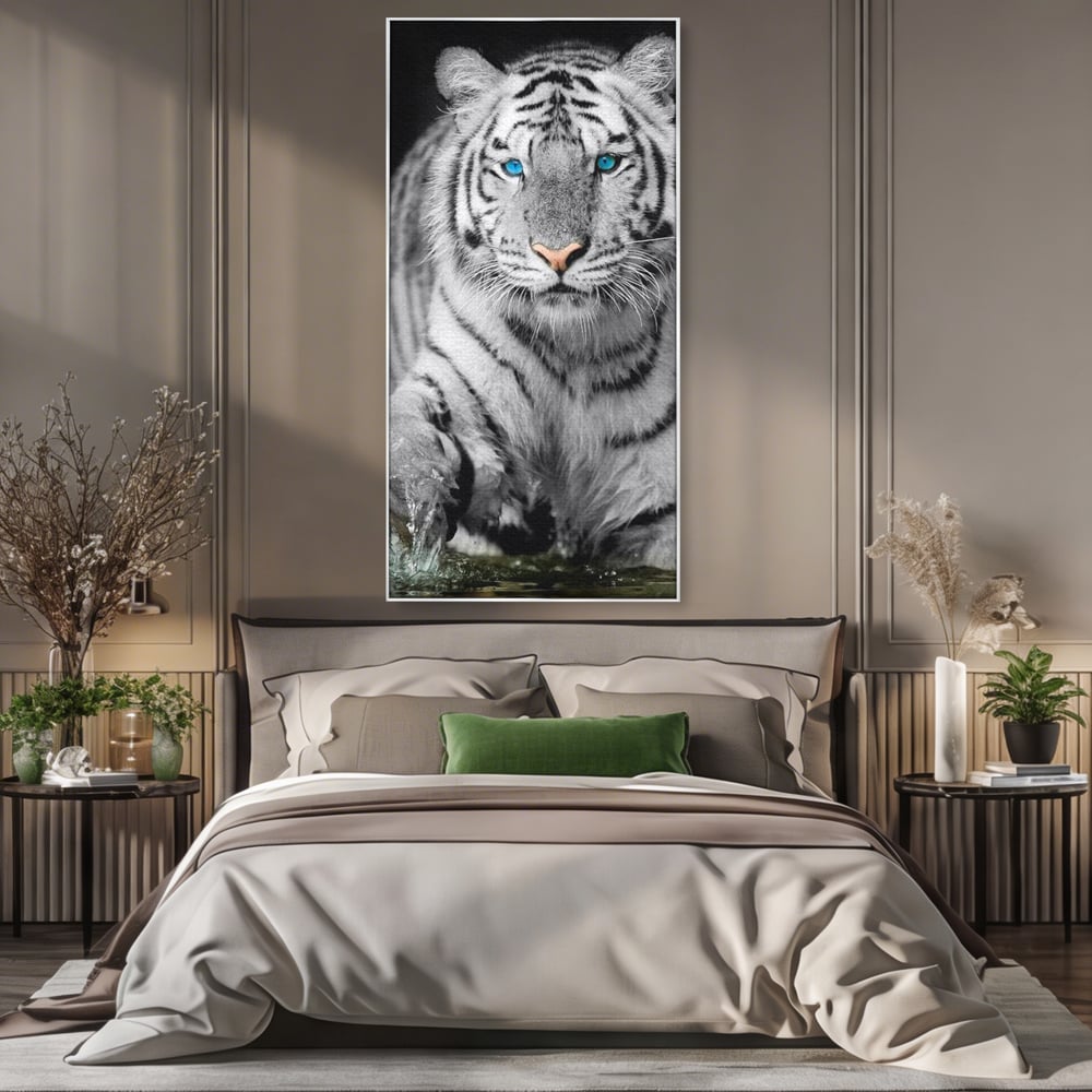 Tablou Canvas Premium, LuxCanva® M1442, Suflet Inghetat, Apa, Miscare, Tigru, Alb, Ochi, Safir, Privire, Natura, Jungla, Felina, Eleganta, Sublim, Birou, Living, Camera Copil