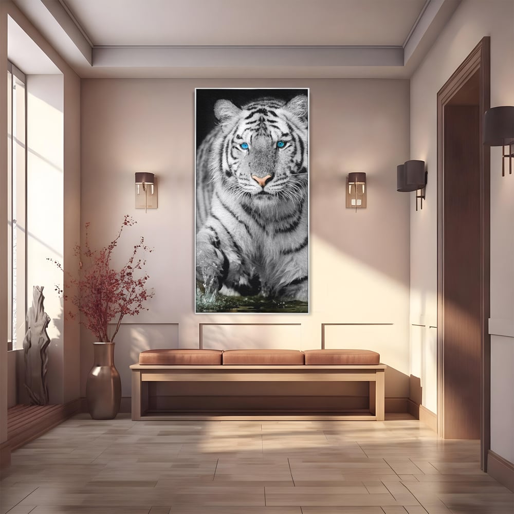 Tablou Canvas Premium, LuxCanva® M1442, Suflet Inghetat, Apa, Miscare, Tigru, Alb, Ochi, Safir, Privire, Natura, Jungla, Felina, Eleganta, Sublim, Birou, Living, Camera Copil