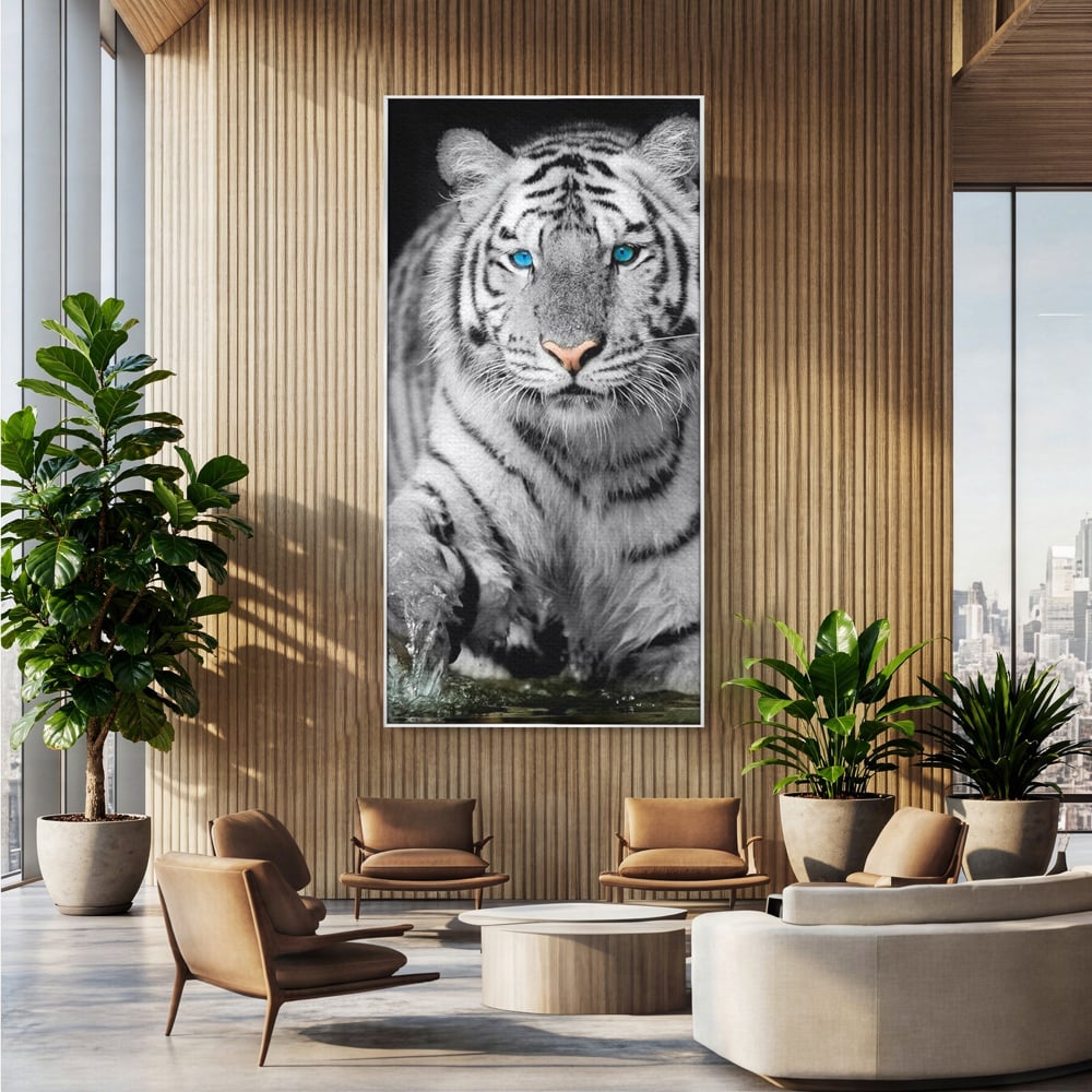 Tablou Canvas Premium, LuxCanva® M1442, Suflet Inghetat, Apa, Miscare, Tigru, Alb, Ochi, Safir, Privire, Natura, Jungla, Felina, Eleganta, Sublim, Birou, Living, Camera Copil