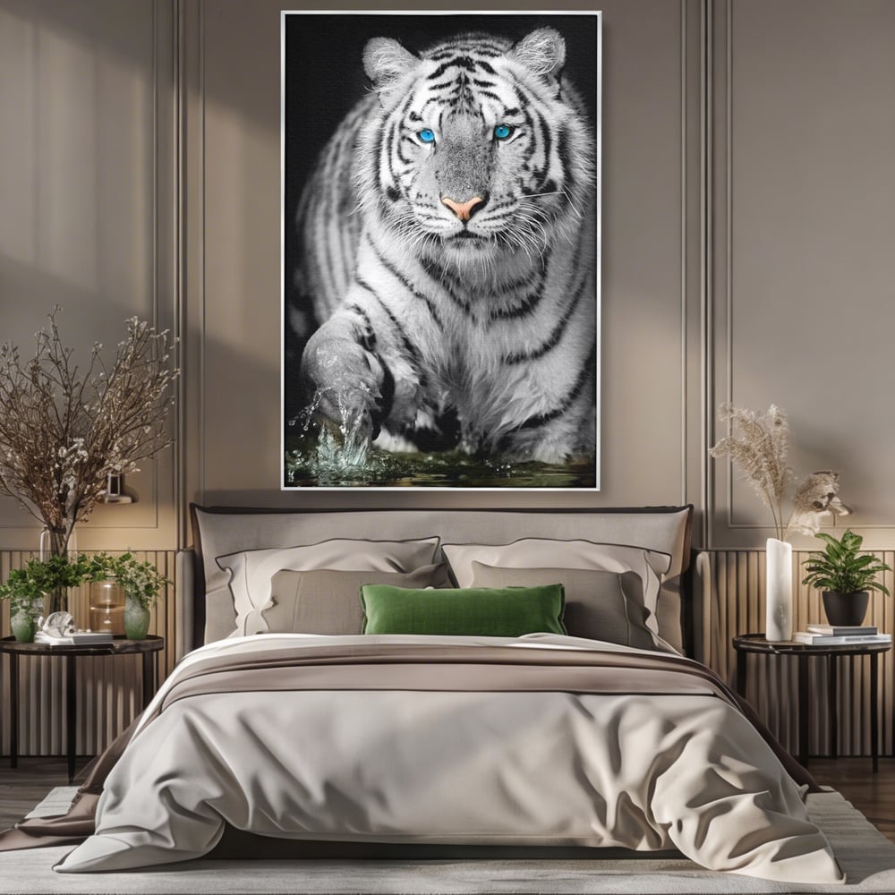 Tablou Canvas Premium, LuxCanva® M1442, Suflet Inghetat, Apa, Miscare, Tigru, Alb, Ochi, Safir, Privire, Natura, Jungla, Felina, Eleganta, Sublim, Birou, Living, Camera Copil