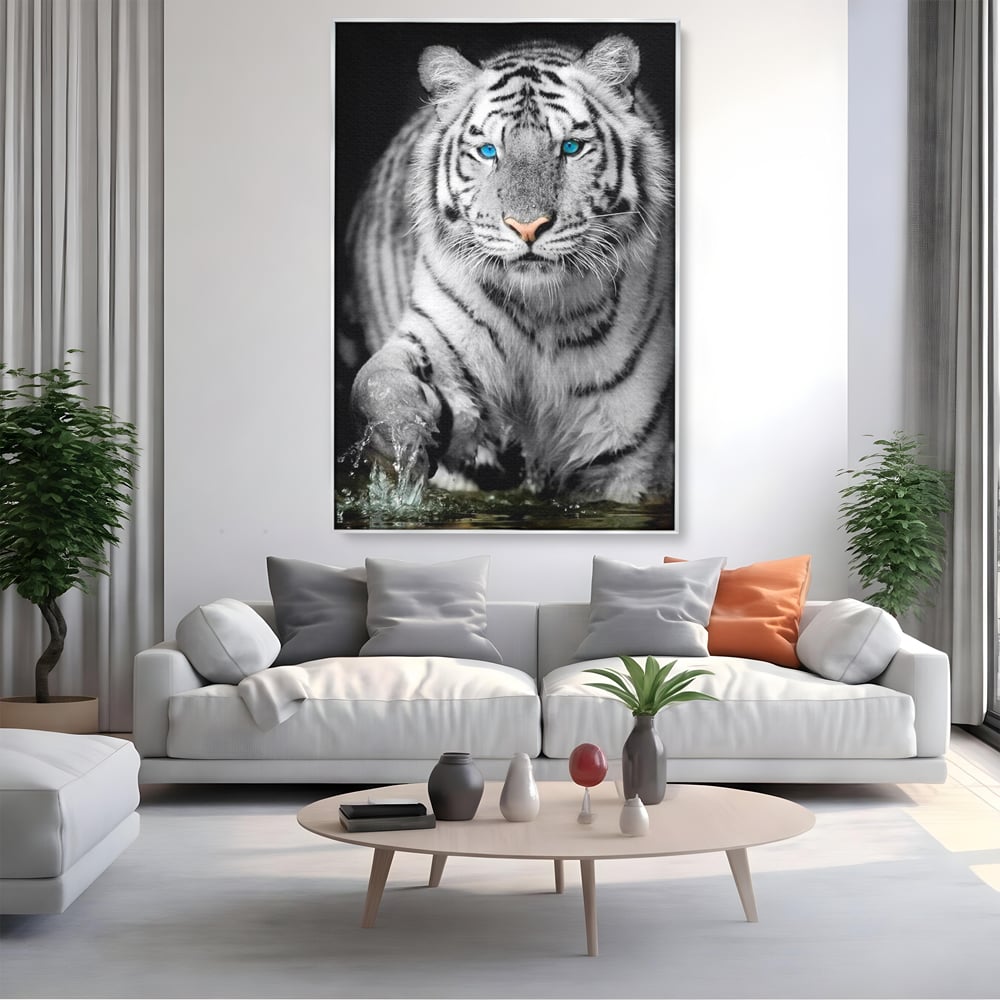 Tablou Canvas Premium, LuxCanva® M1442, Suflet Inghetat, Apa, Miscare, Tigru, Alb, Ochi, Safir, Privire, Natura, Jungla, Felina, Eleganta, Sublim, Birou, Living, Camera Copil