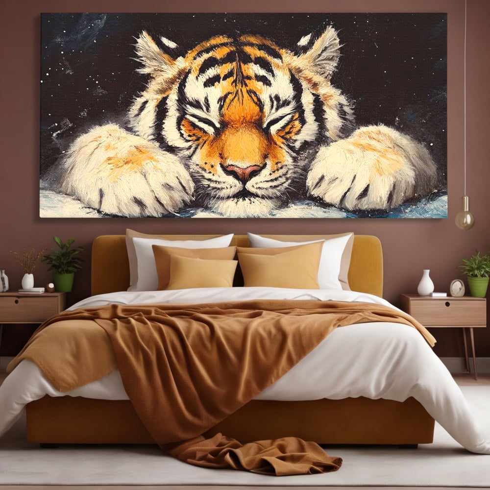 Tablou Canvas Premium, LuxCanva® M1443, Vise sub Stele, Tigru, Felina, Gheare, Somn, Relaxare, Pictura, Vis, Noapte, Blanos, Linistit, Birou, Living, Camera Copil