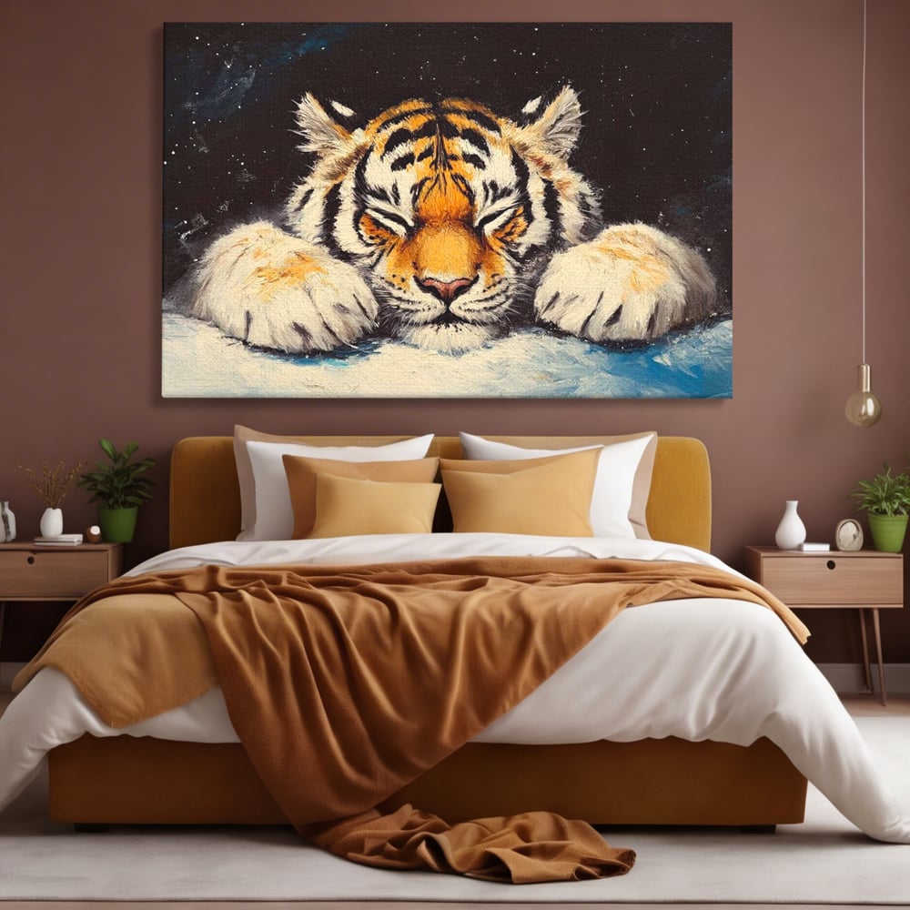 Tablou Canvas Premium, LuxCanva® M1443, Vise sub Stele, Tigru, Felina, Gheare, Somn, Relaxare, Pictura, Vis, Noapte, Blanos, Linistit, Birou, Living, Camera Copil