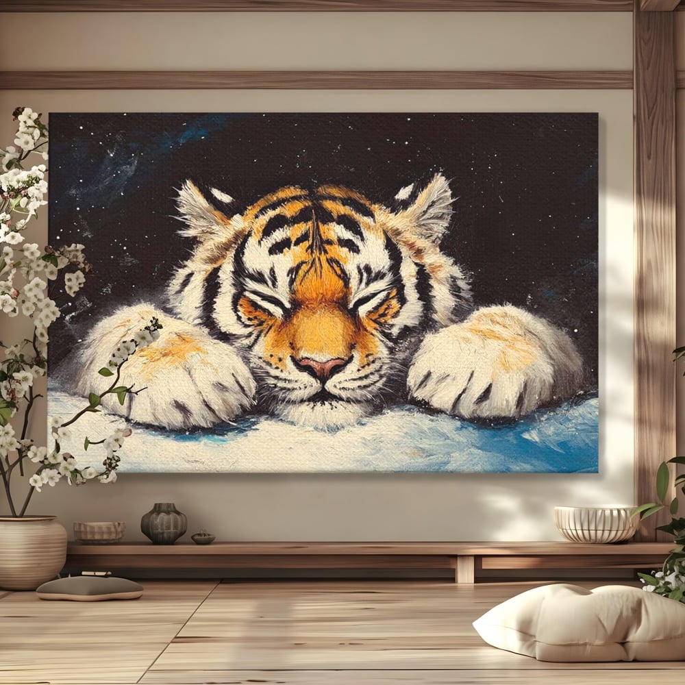 Tablou Canvas Premium, LuxCanva® M1443, Vise sub Stele, Tigru, Felina, Gheare, Somn, Relaxare, Pictura, Vis, Noapte, Blanos, Linistit, Birou, Living, Camera Copil