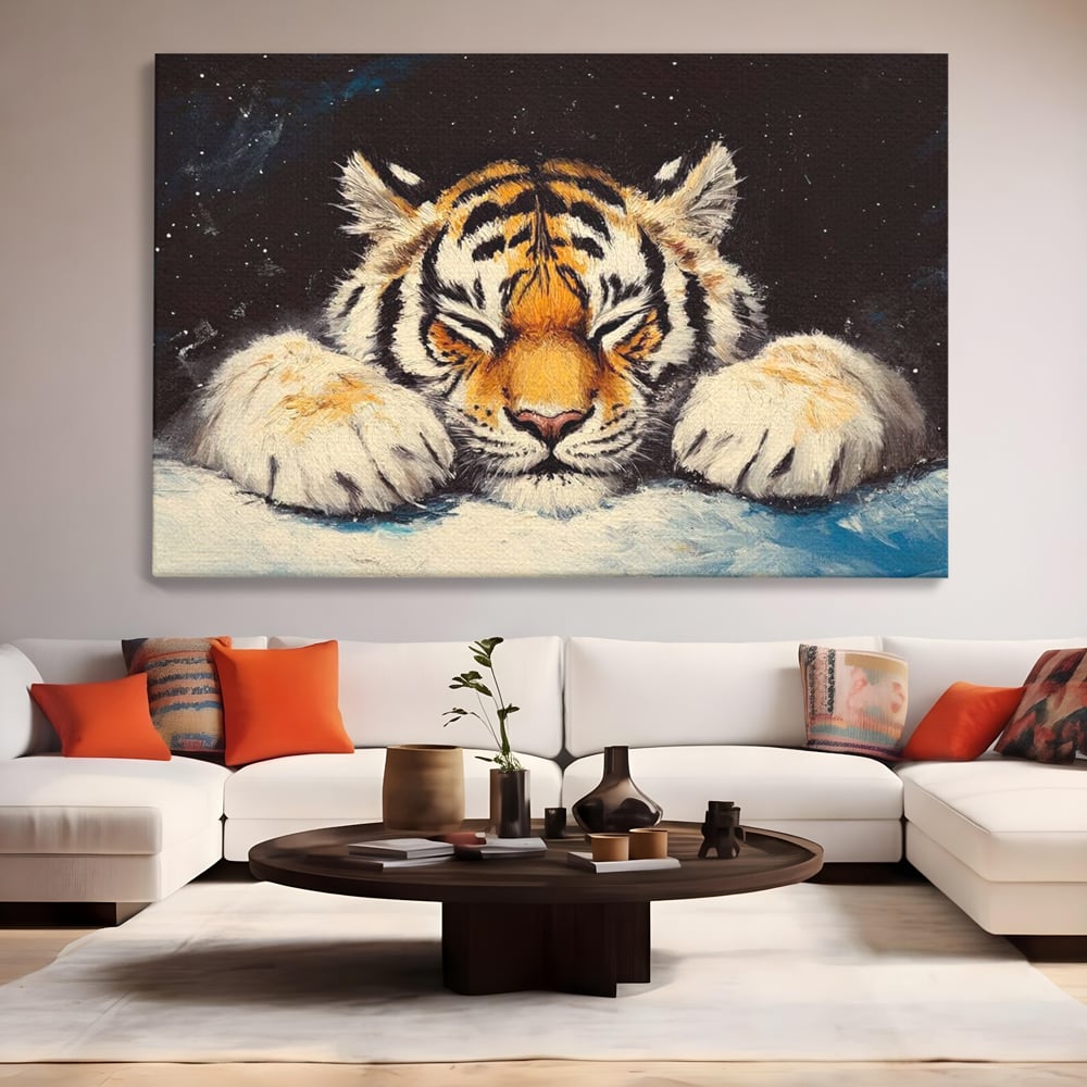 Tablou Canvas Premium, LuxCanva® M1443, Vise sub Stele, Tigru, Felina, Gheare, Somn, Relaxare, Pictura, Vis, Noapte, Blanos, Linistit, Birou, Living, Camera Copil