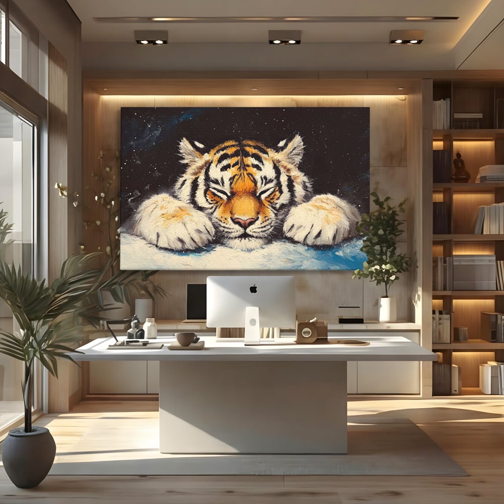 Tablou Canvas Premium, LuxCanva® M1443, Vise sub Stele, Tigru, Felina, Gheare, Somn, Relaxare, Pictura, Vis, Noapte, Blanos, Linistit, Birou, Living, Camera Copil