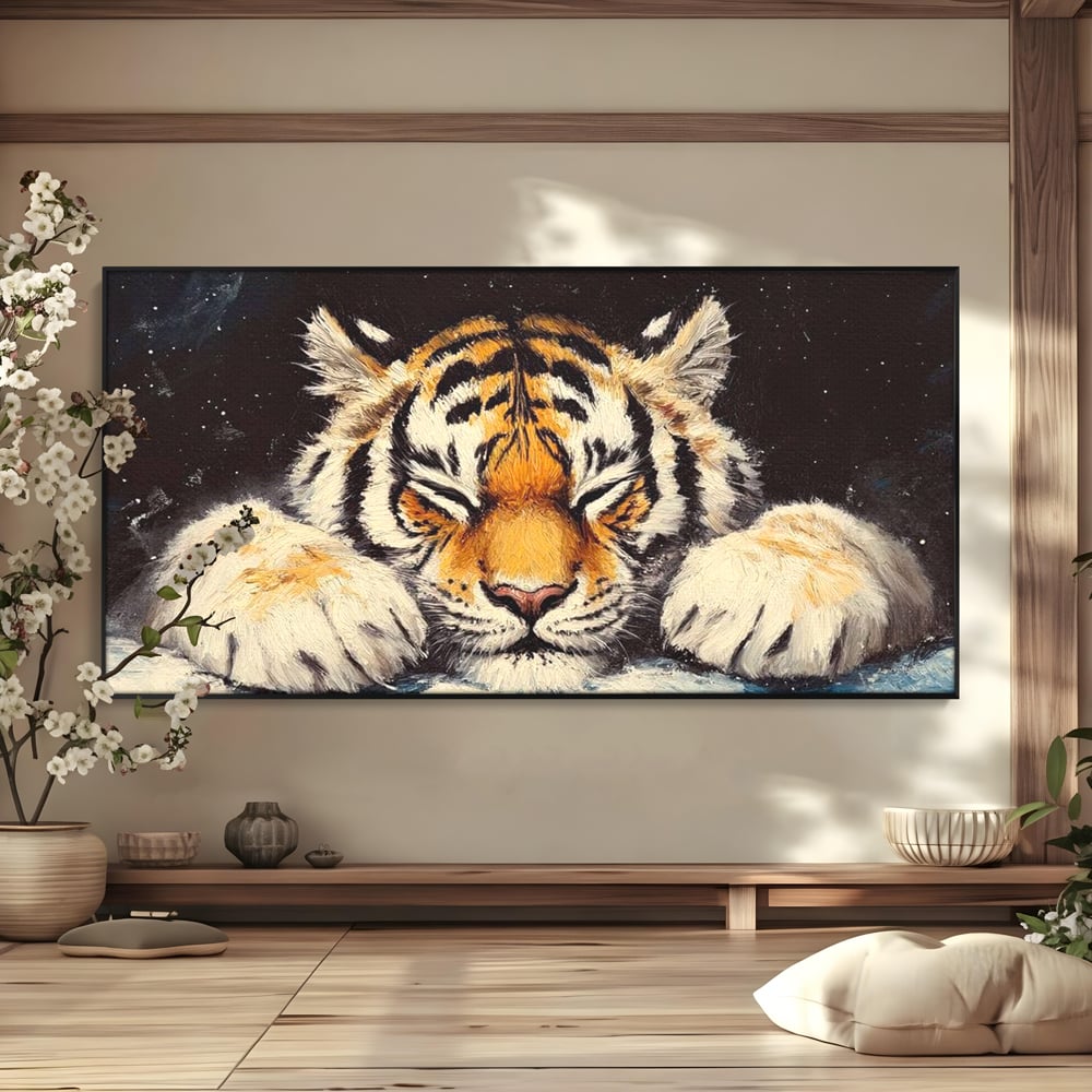 Tablou Canvas Premium, LuxCanva® M1443, Vise sub Stele, Tigru, Felina, Gheare, Somn, Relaxare, Pictura, Vis, Noapte, Blanos, Linistit, Birou, Living, Camera Copil