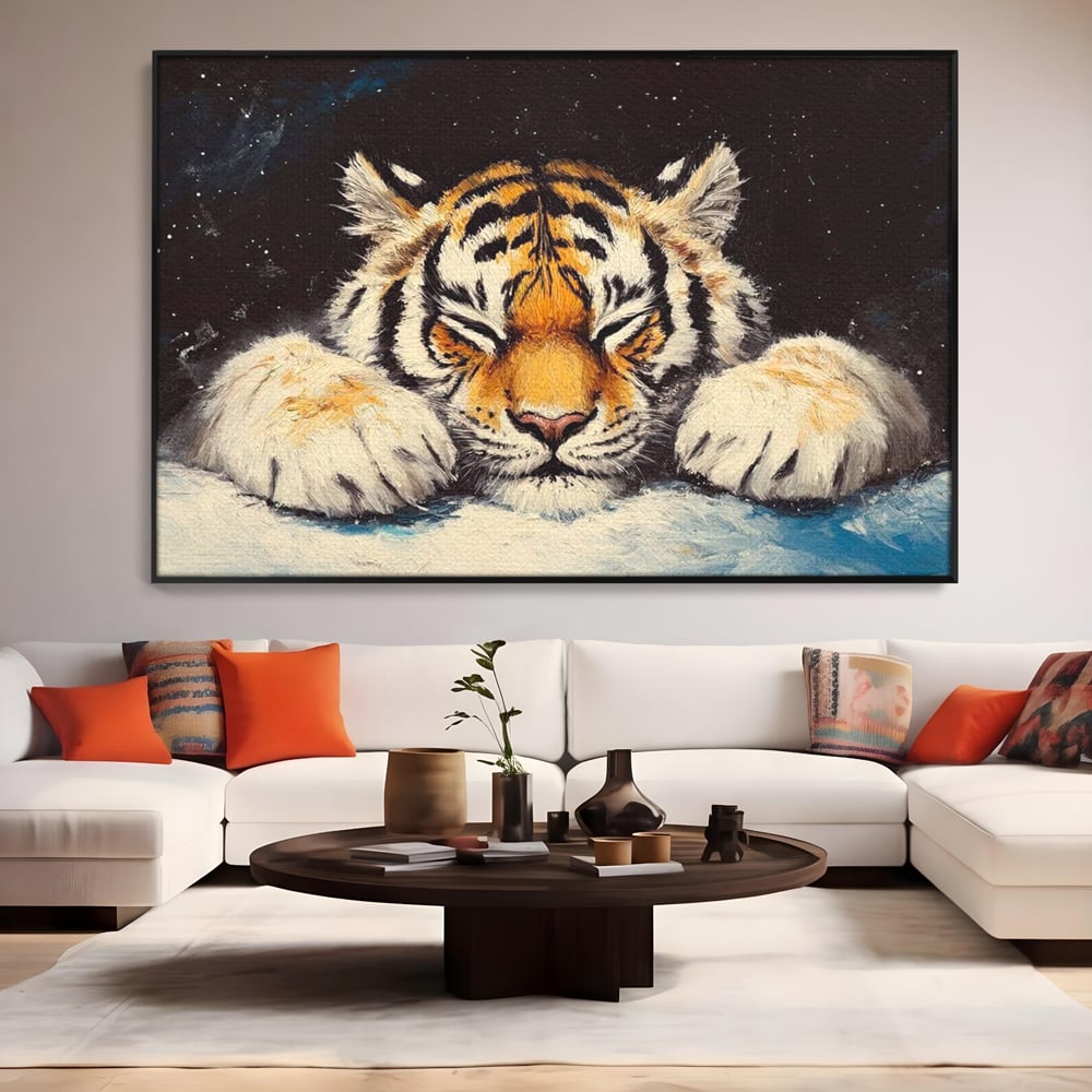 Tablou Canvas Premium, LuxCanva® M1443, Vise sub Stele, Tigru, Felina, Gheare, Somn, Relaxare, Pictura, Vis, Noapte, Blanos, Linistit, Birou, Living, Camera Copil