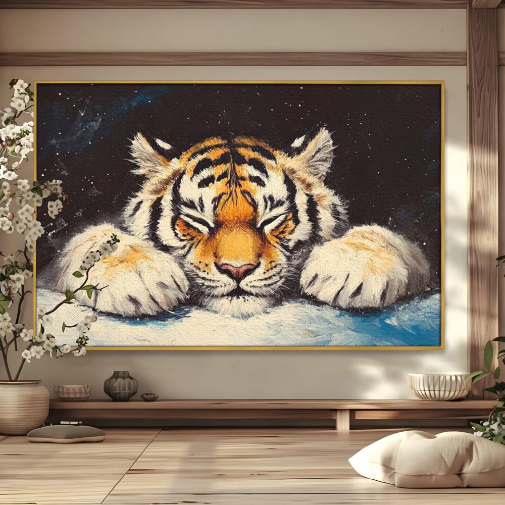 Tablou Canvas Premium, LuxCanva® M1443, Vise sub Stele, Tigru, Felina, Gheare, Somn, Relaxare, Pictura, Vis, Noapte, Blanos, Linistit, Birou, Living, Camera Copil