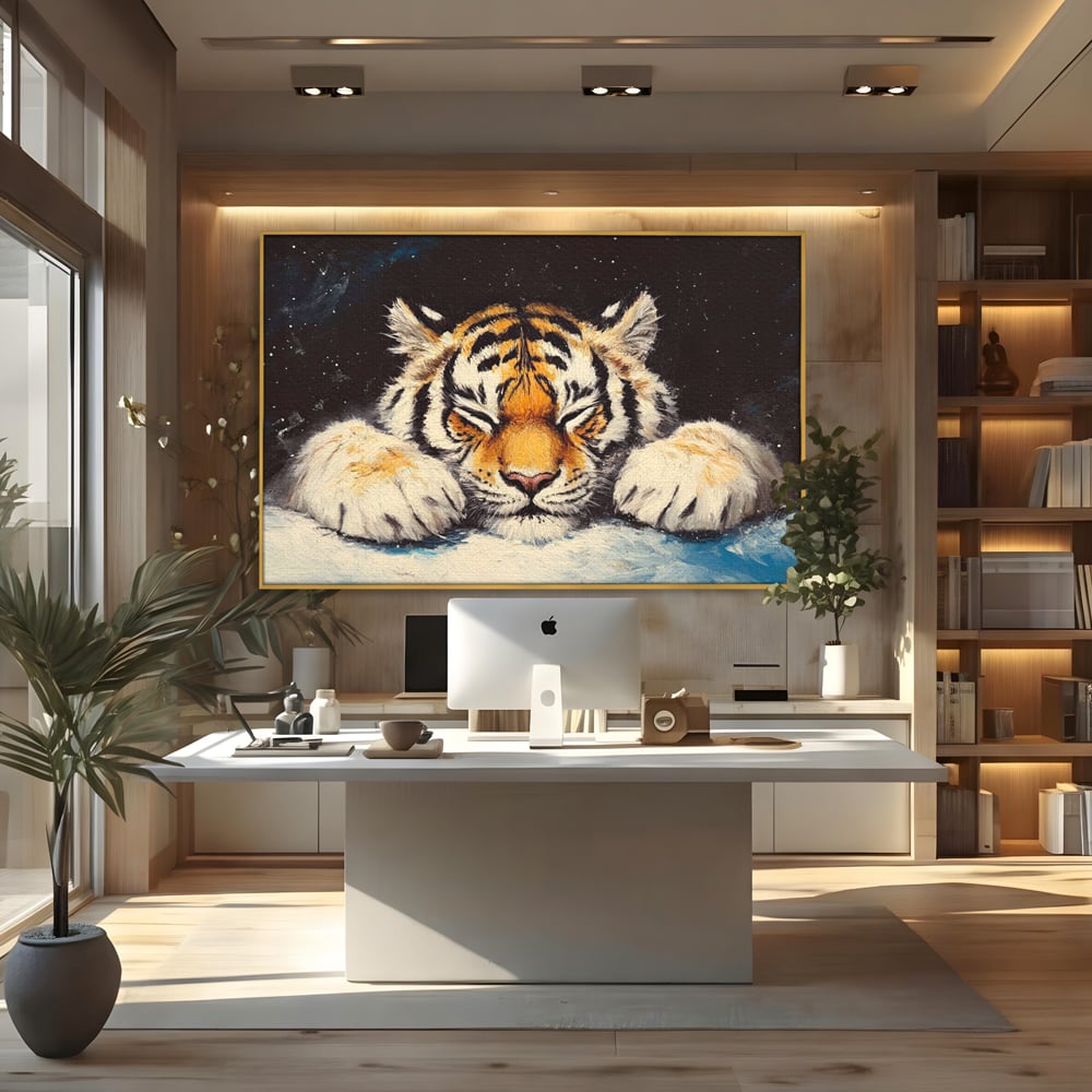 Tablou Canvas Premium, LuxCanva® M1443, Vise sub Stele, Tigru, Felina, Gheare, Somn, Relaxare, Pictura, Vis, Noapte, Blanos, Linistit, Birou, Living, Camera Copil