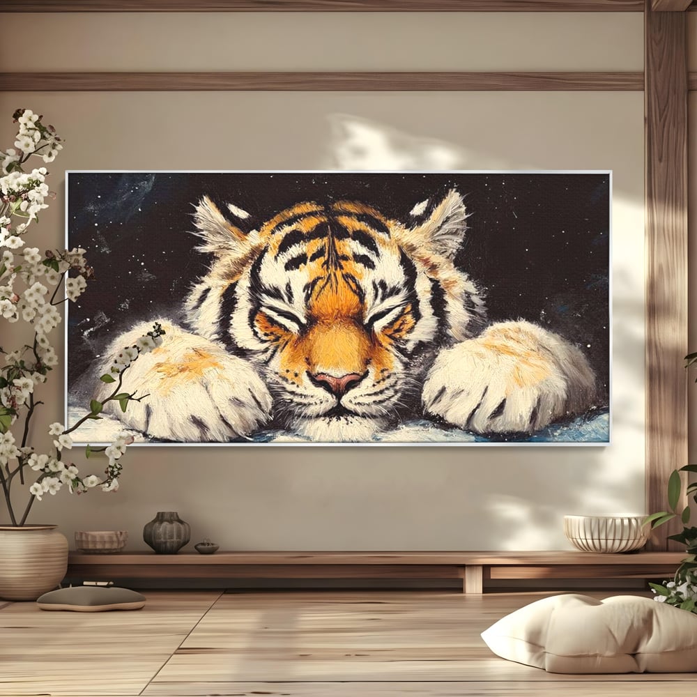 Tablou Canvas Premium, LuxCanva® M1443, Vise sub Stele, Tigru, Felina, Gheare, Somn, Relaxare, Pictura, Vis, Noapte, Blanos, Linistit, Birou, Living, Camera Copil