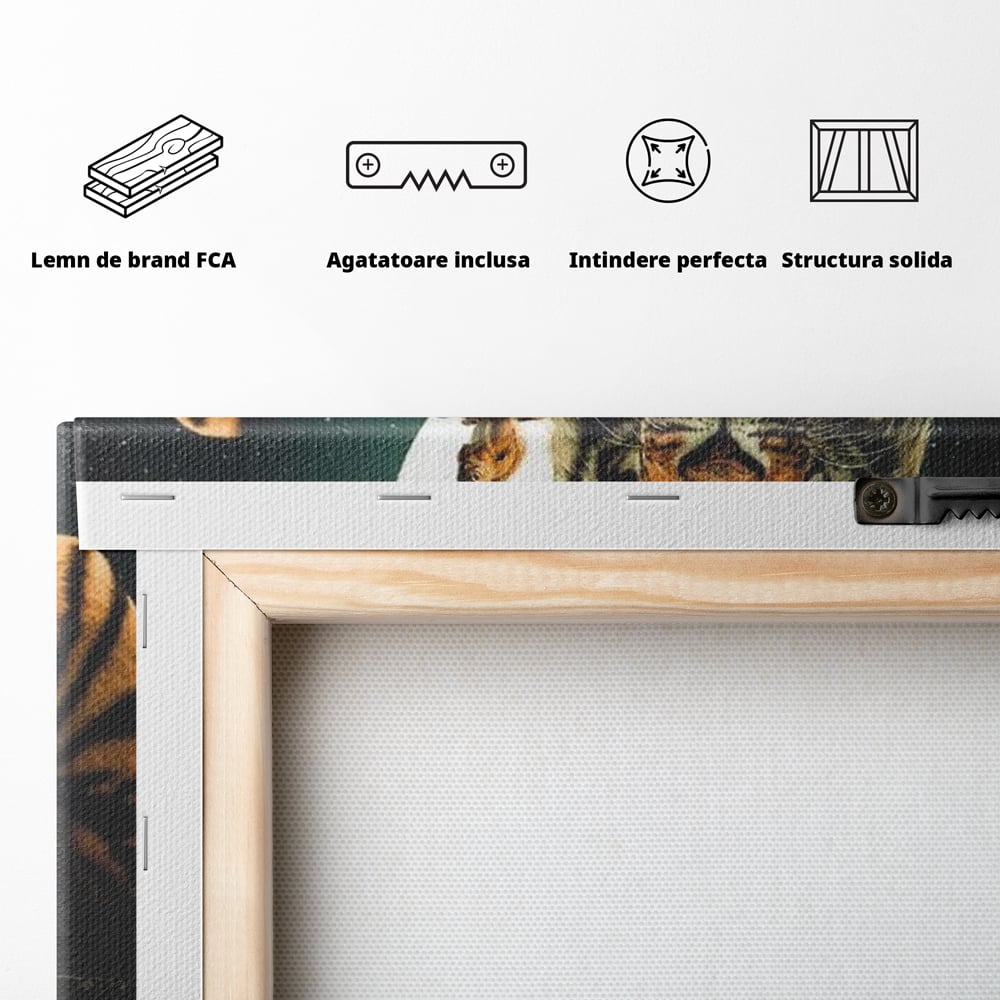 Tablou Canvas Premium, LuxCanva® M1444, Prietenie sub Clar de Luna, Veverita, Rozatoare, Tigru, Felina, Luna Plina, Stele, Nocturn, Bustean, Maretie, Birou, Living, Camera Copil