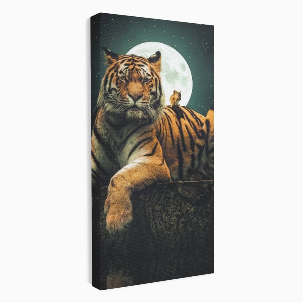 Tablou Canvas Premium, LuxCanva® M1444, Prietenie sub Clar de Luna, Veverita, Rozatoare, Tigru, Felina, Luna Plina, Stele, Nocturn, Bustean, Maretie, Birou, Living, Camera Copil