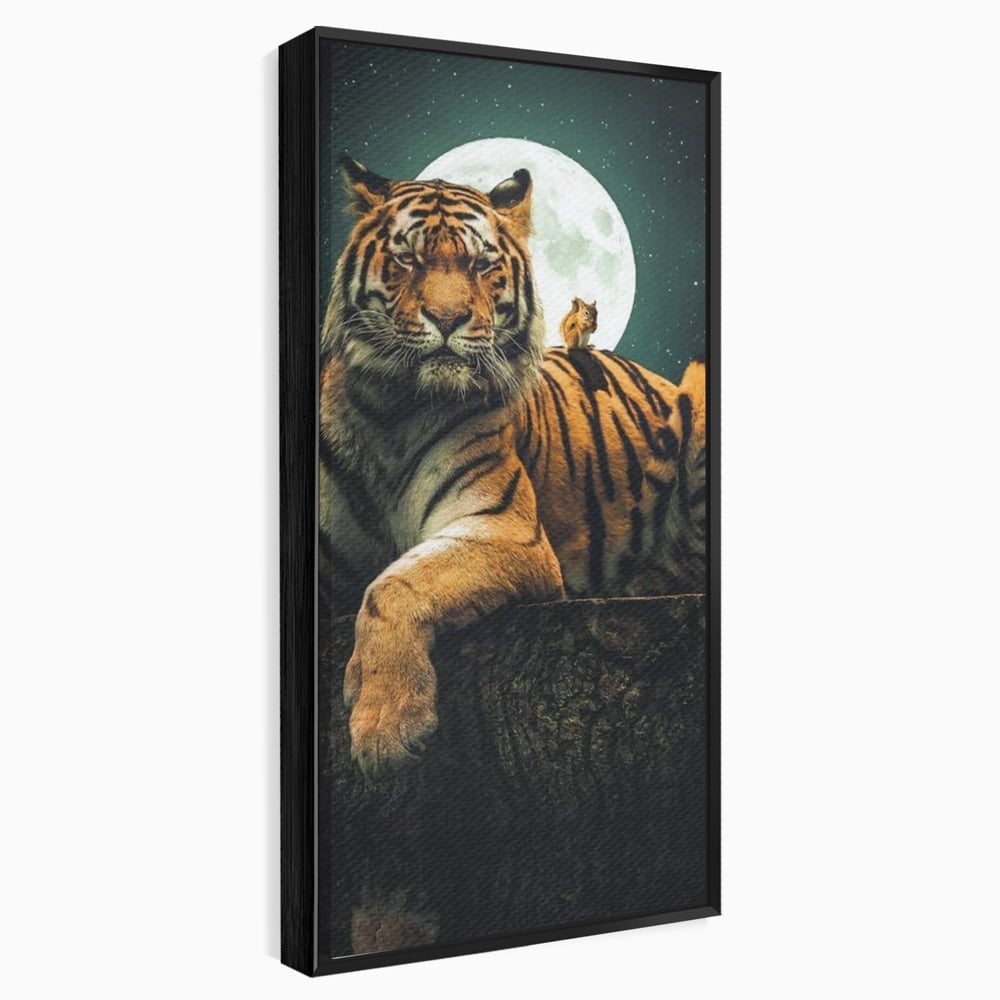 Tablou Canvas Premium, LuxCanva® M1444, Prietenie sub Clar de Luna, Veverita, Rozatoare, Tigru, Felina, Luna Plina, Stele, Nocturn, Bustean, Maretie, Birou, Living, Camera Copil
