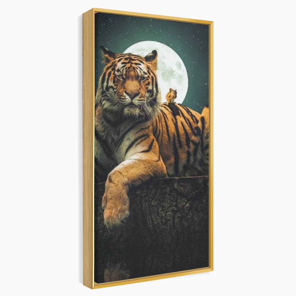 Tablou Canvas Premium, LuxCanva® M1444, Prietenie sub Clar de Luna, Veverita, Rozatoare, Tigru, Felina, Luna Plina, Stele, Nocturn, Bustean, Maretie, Birou, Living, Camera Copil