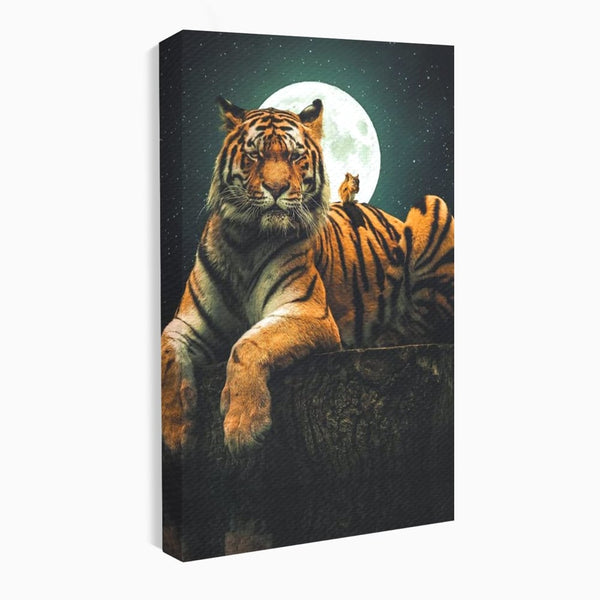 Tablou Canvas Premium, LuxCanva® M1444, Prietenie sub Clar de Luna, Veverita, Rozatoare, Tigru, Felina, Luna Plina, Stele, Nocturn, Bustean, Maretie, Birou, Living, Camera Copil