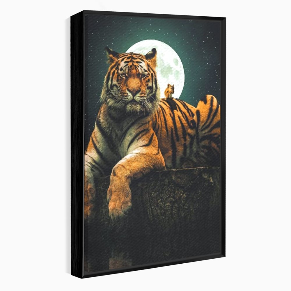 Tablou Canvas Premium, LuxCanva® M1444, Prietenie sub Clar de Luna, Veverita, Rozatoare, Tigru, Felina, Luna Plina, Stele, Nocturn, Bustean, Maretie, Birou, Living, Camera Copil