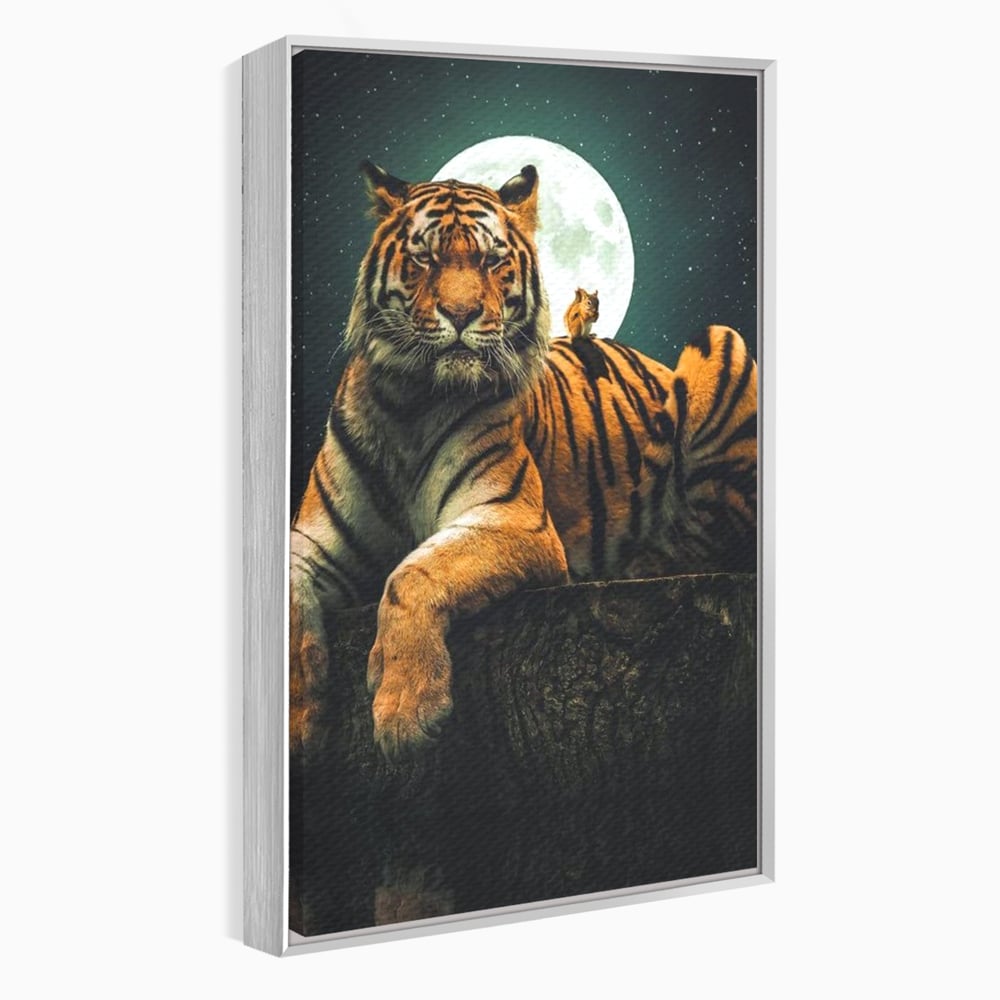 Tablou Canvas Premium, LuxCanva® M1444, Prietenie sub Clar de Luna, Veverita, Rozatoare, Tigru, Felina, Luna Plina, Stele, Nocturn, Bustean, Maretie, Birou, Living, Camera Copil