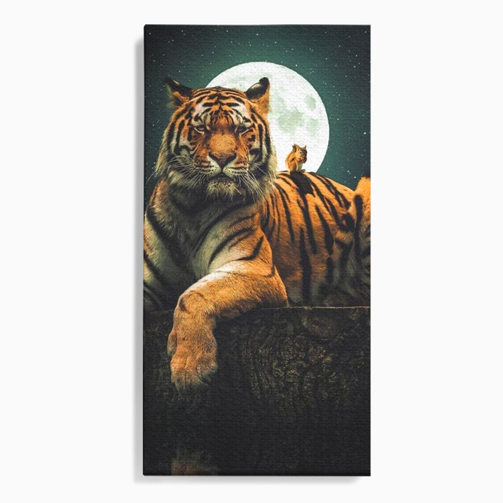 Tablou Canvas Premium, LuxCanva® M1444, Prietenie sub Clar de Luna, Veverita, Rozatoare, Tigru, Felina, Luna Plina, Stele, Nocturn, Bustean, Maretie, Birou, Living, Camera Copil
