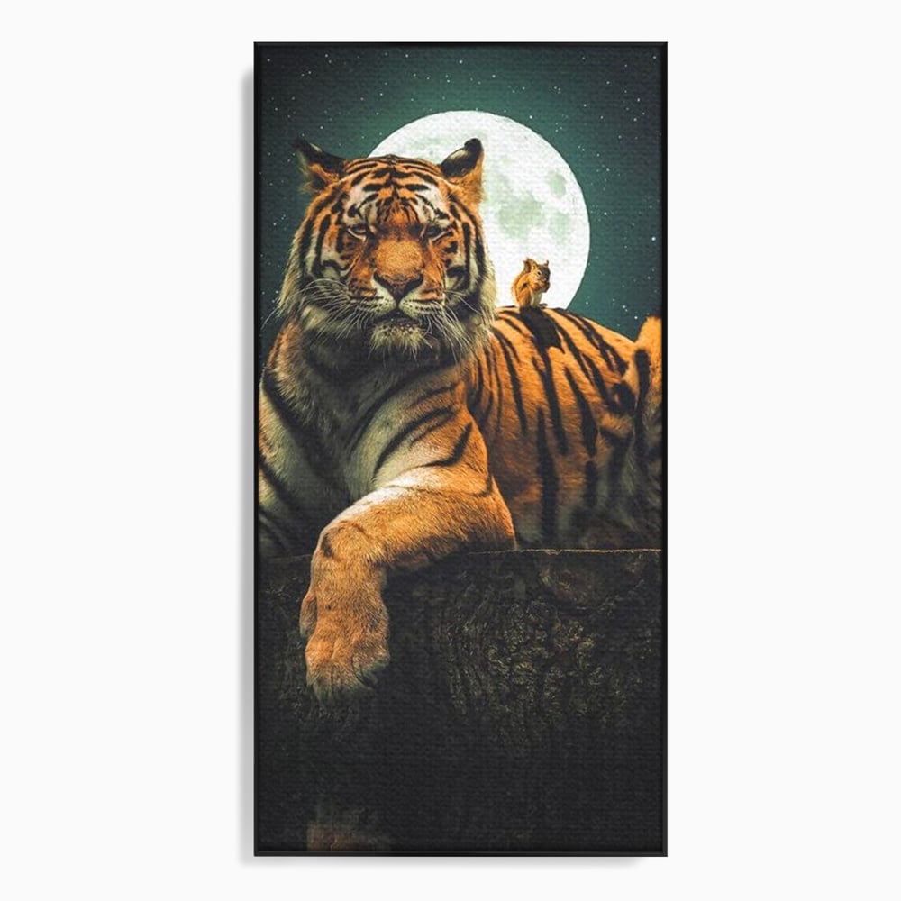 Tablou Canvas Premium, LuxCanva® M1444, Prietenie sub Clar de Luna, Veverita, Rozatoare, Tigru, Felina, Luna Plina, Stele, Nocturn, Bustean, Maretie, Birou, Living, Camera Copil