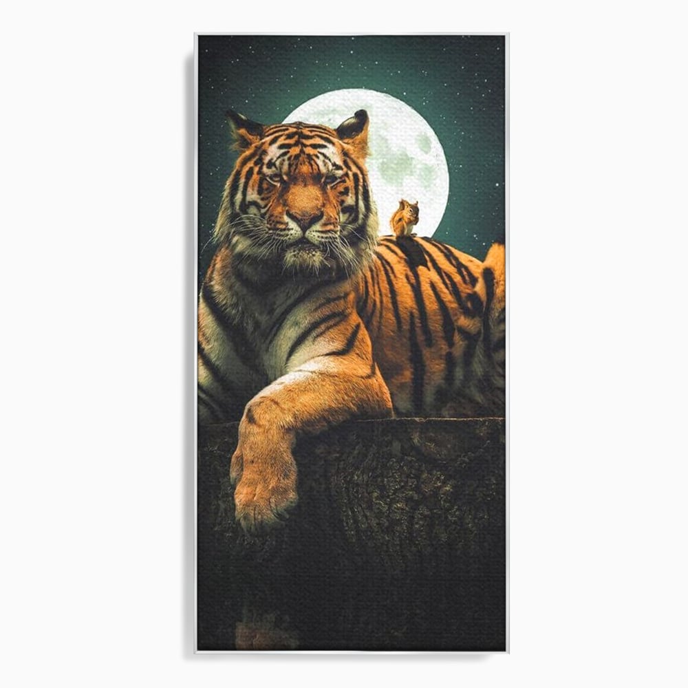 Tablou Canvas Premium, LuxCanva® M1444, Prietenie sub Clar de Luna, Veverita, Rozatoare, Tigru, Felina, Luna Plina, Stele, Nocturn, Bustean, Maretie, Birou, Living, Camera Copil