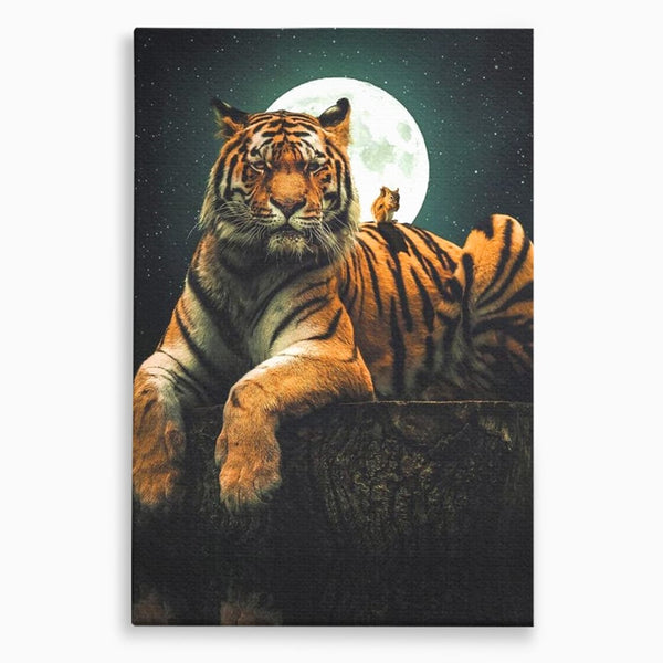 Tablou Canvas Premium, LuxCanva® M1444, Prietenie sub Clar de Luna, Veverita, Rozatoare, Tigru, Felina, Luna Plina, Stele, Nocturn, Bustean, Maretie, Birou, Living, Camera Copil